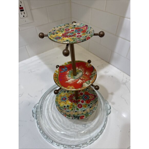 Cost Plus Metal Enamel Folk Art 3 Tier Trinket Jewelry Tray Hooks 10" - Picture 7 of 7